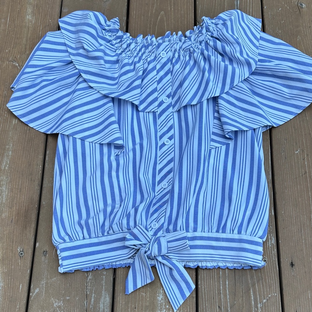 Habitual Girl Blue and White Striped Ruffle Blouse sz 16